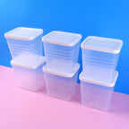 6-piece airtight square plastic food storage container set with clear bodies and white lids