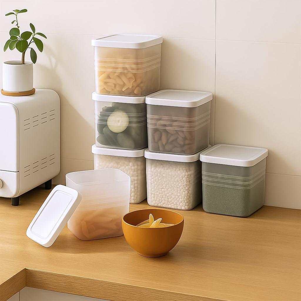 Close-up of stackable plastic food containers with white airtight lids