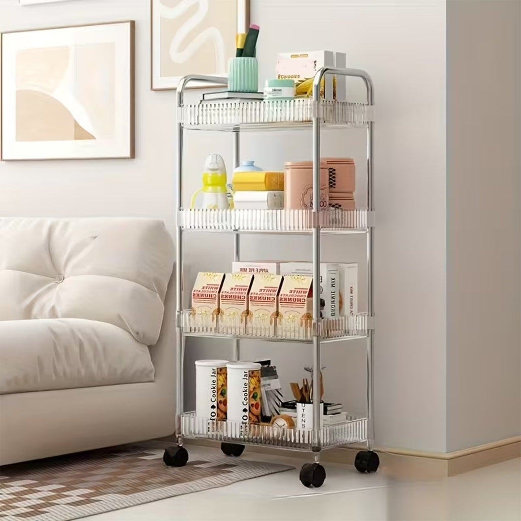 Rolling storage trolley with four basket shelves for home essentials
