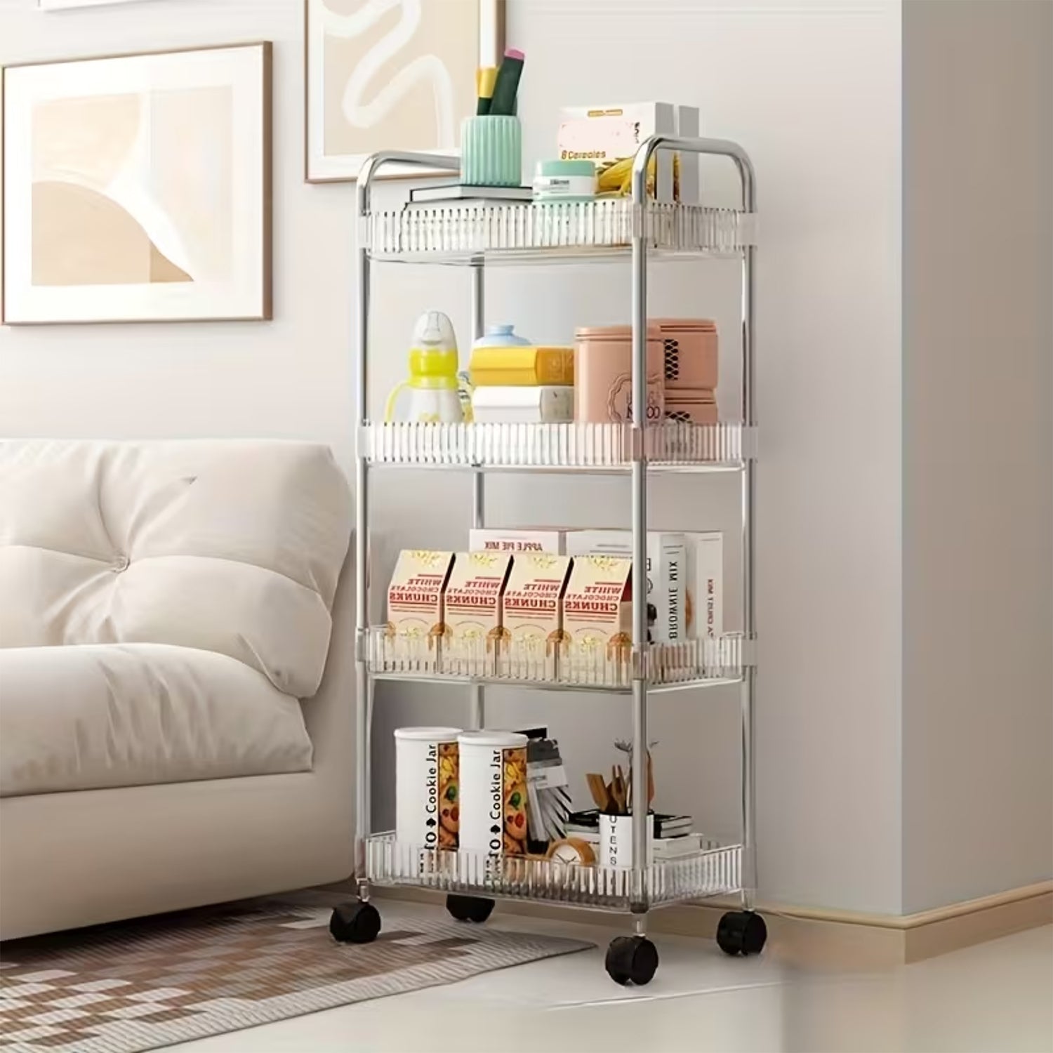 Rolling storage trolley with four basket shelves for home essentials