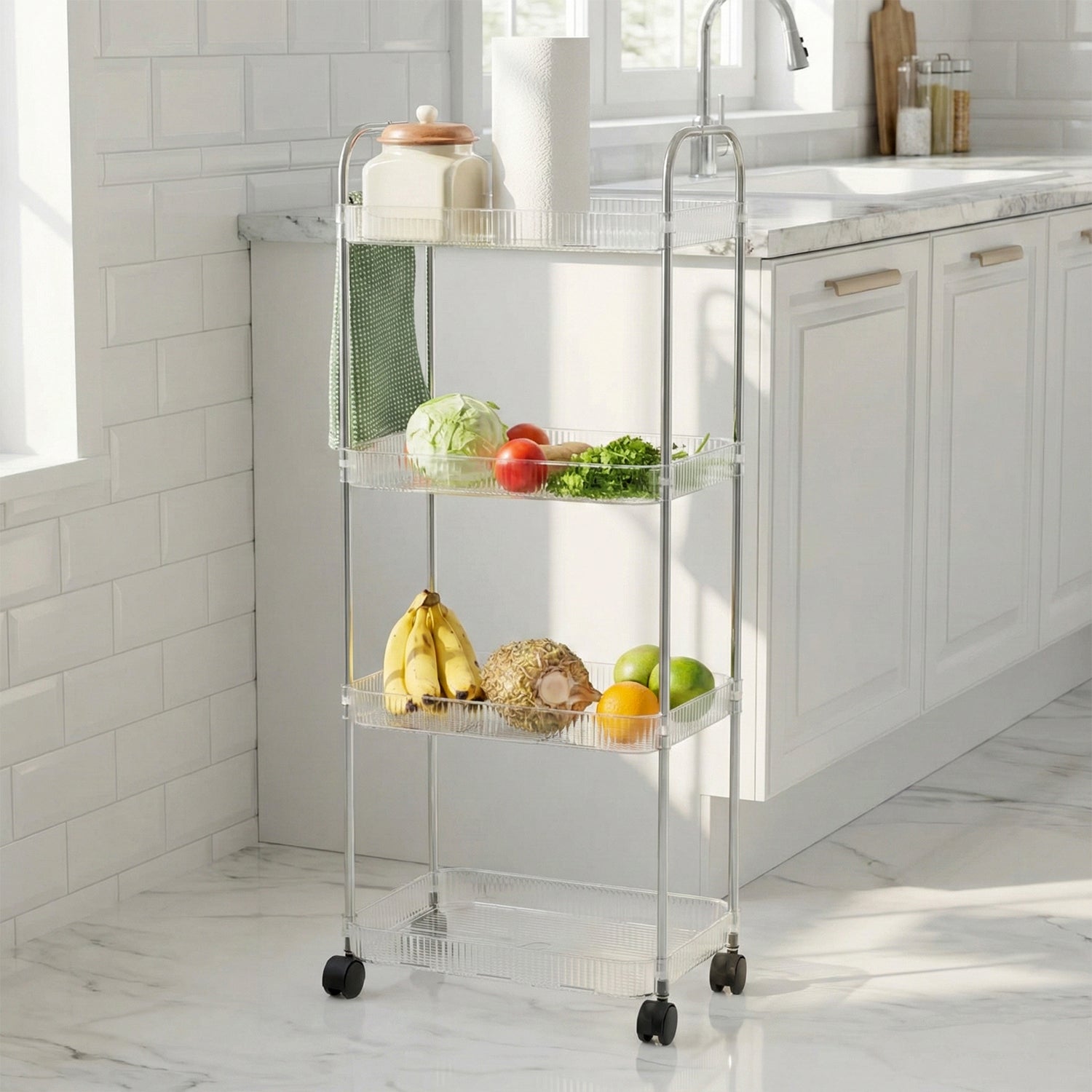 Storage trolley showing four spacious layers and smooth wheels