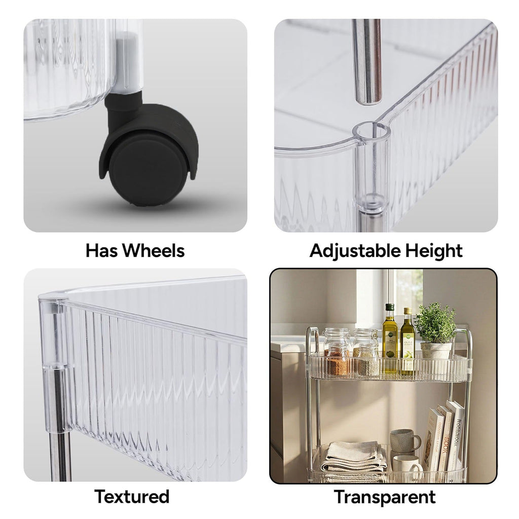 Kitchen storage trolley with wheels and open basket shelves