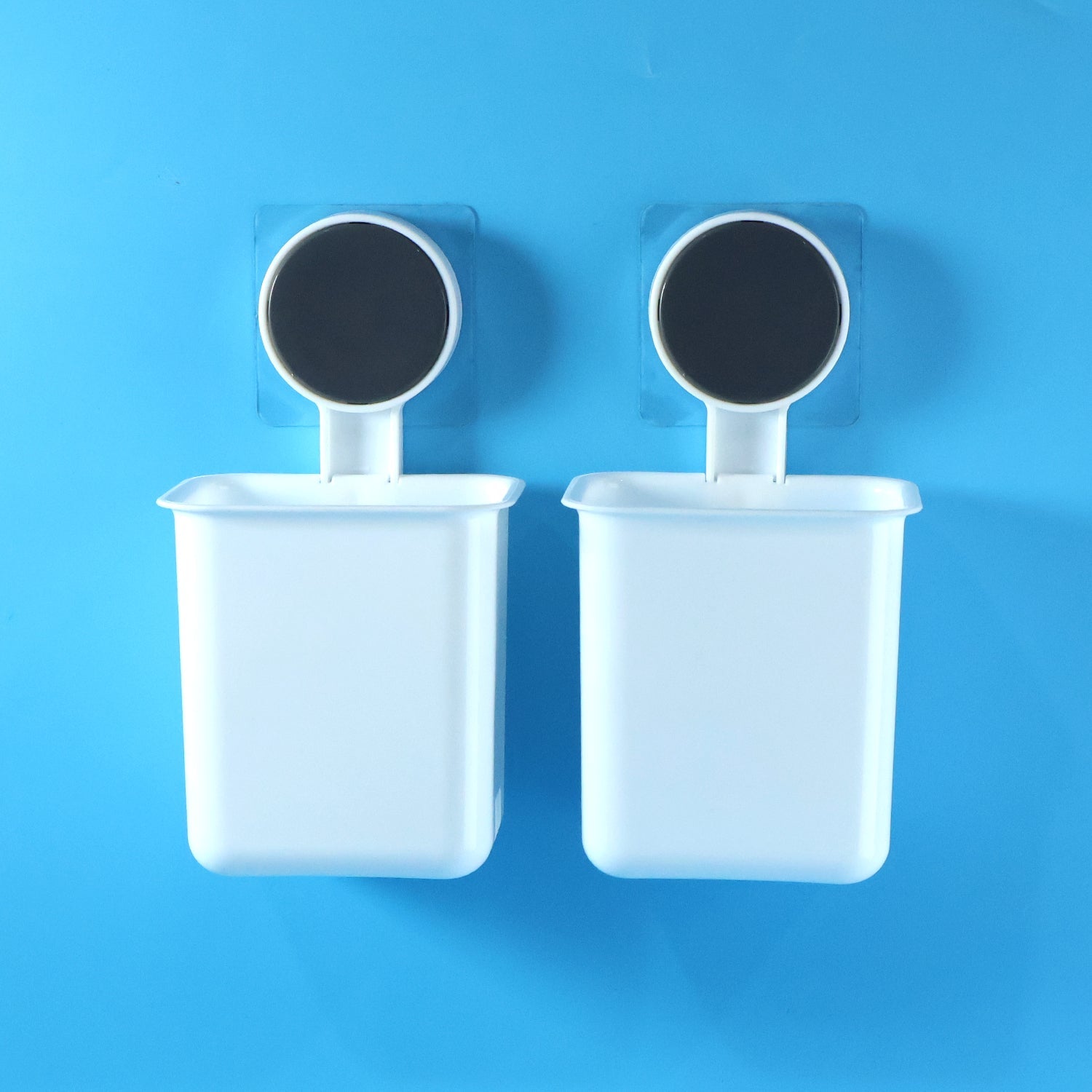 Bathroom organizer cup set featuring wall mounted toothbrush holders for hygienic storage