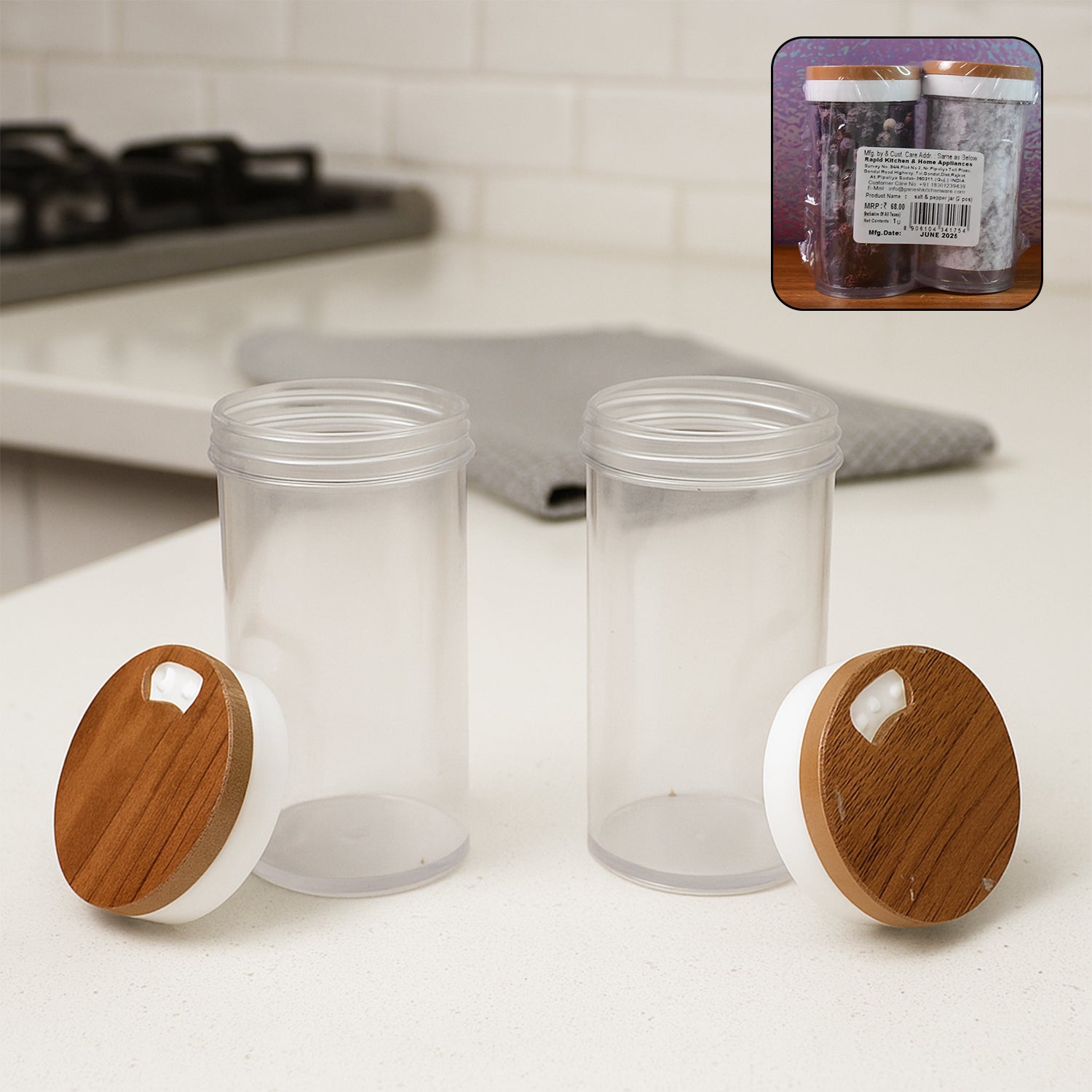 Airtight Kitchen Storage Jar Set with transparent body and wooden lids