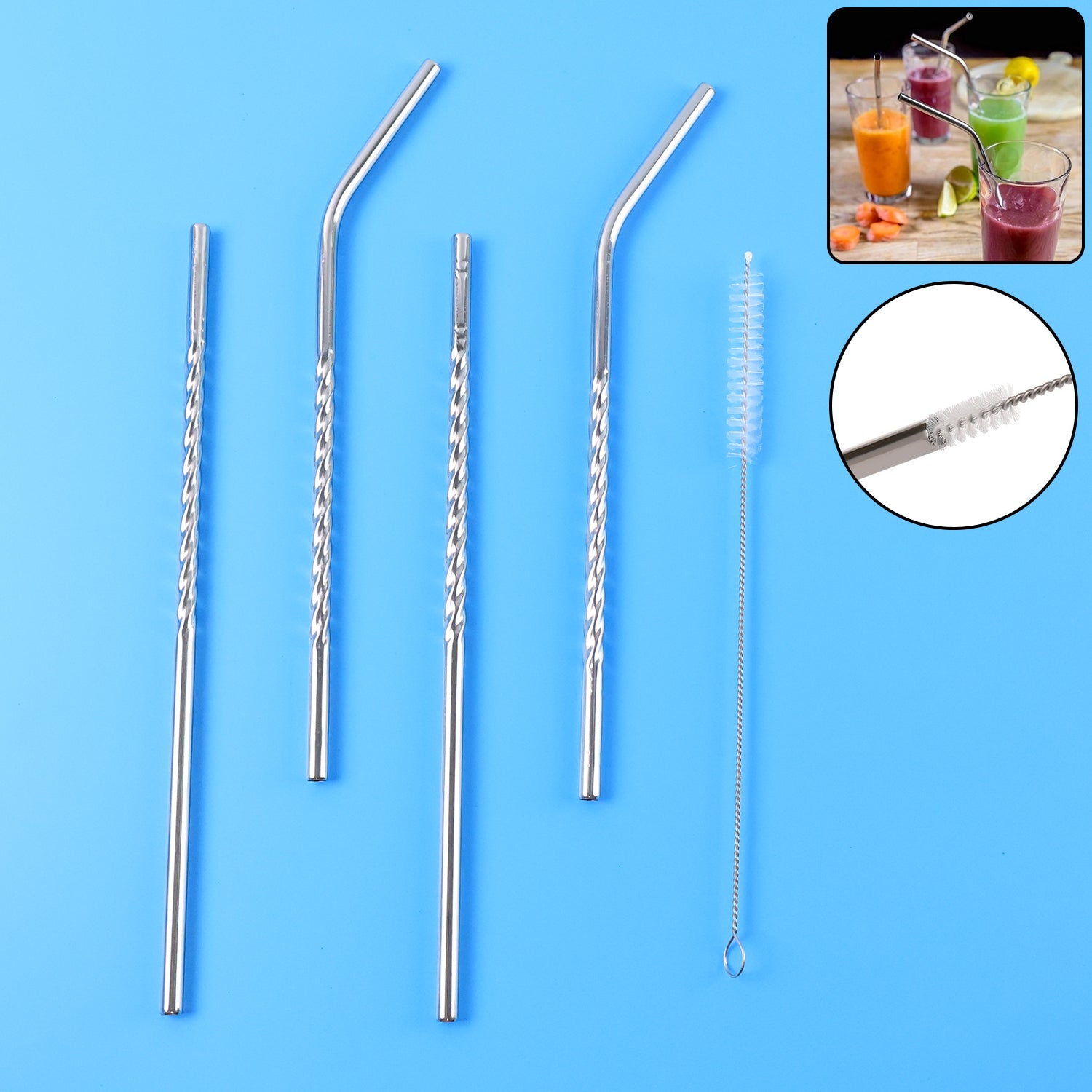 Set of 4 reusable stainless steel straws with cleaning brush on a clean white background.