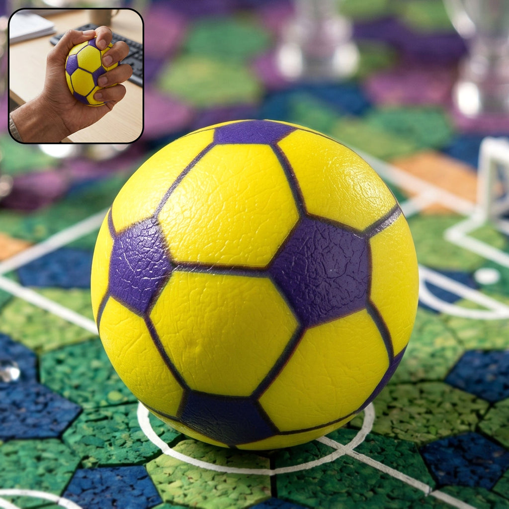 Mini rubber stress ball with soccer design in yellow and purple
