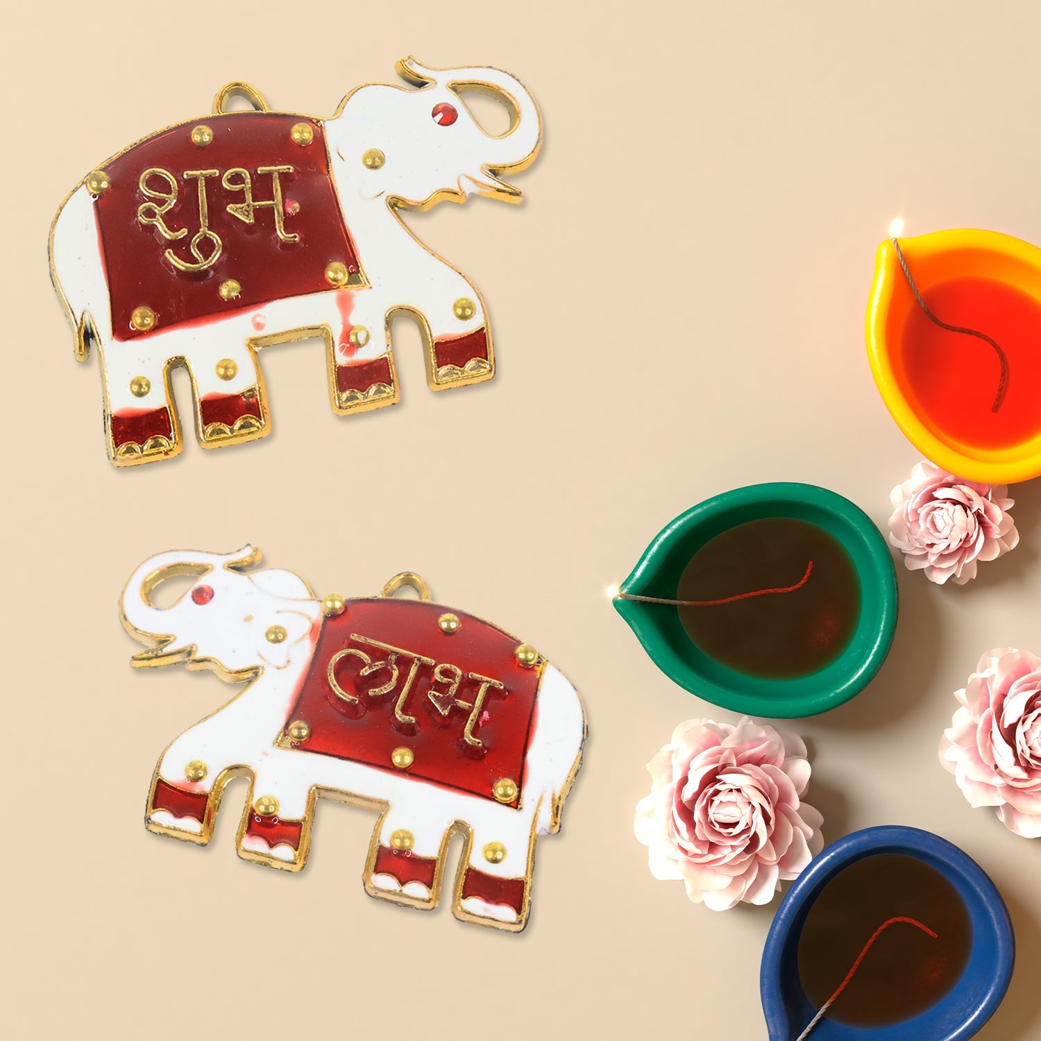 Decorative Shubh Labh Elephant wall hanging displayed indoors
