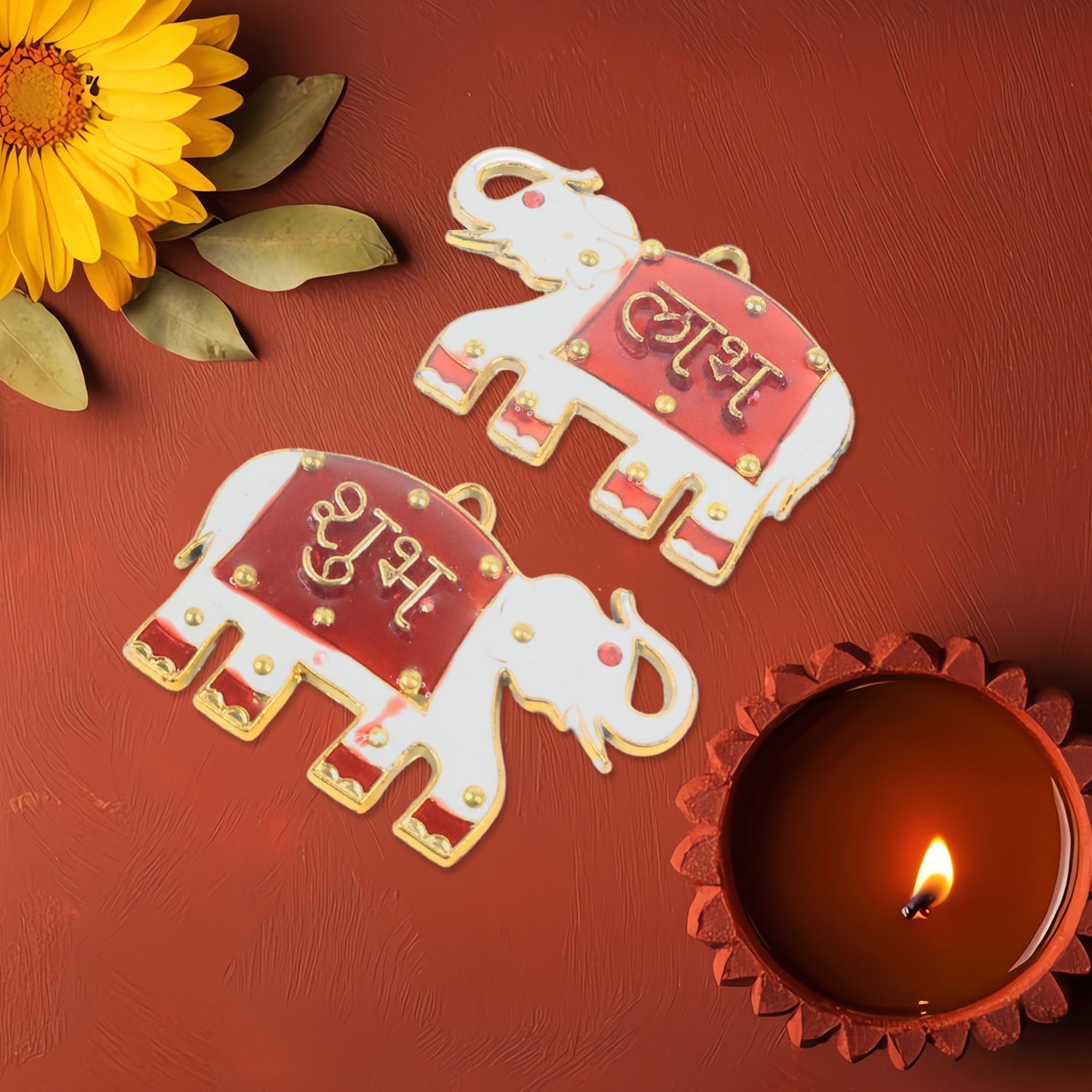 Elephant shaped Shubh Labh wall hangings showcasing intricate red and golden design