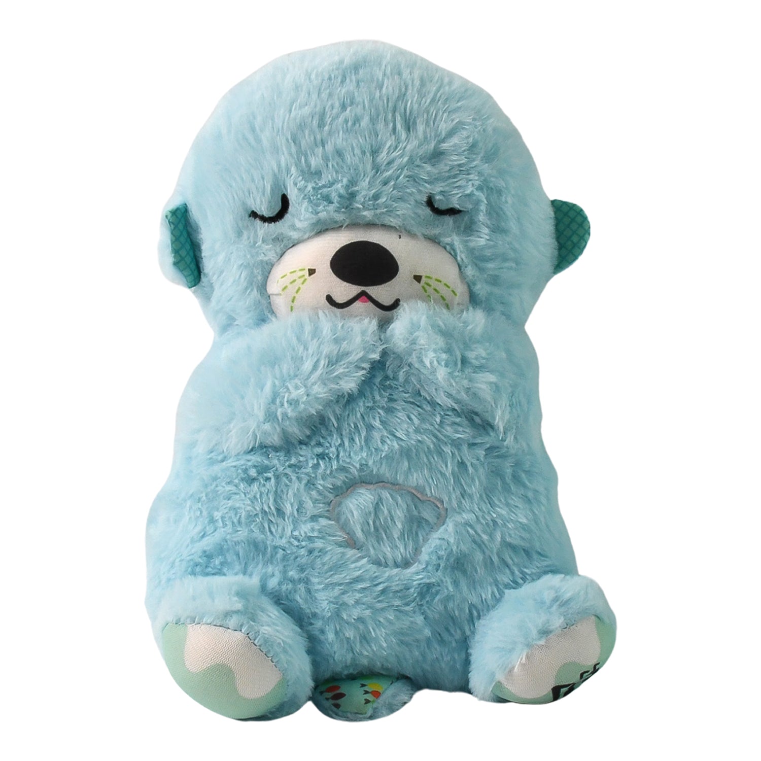 Side view of kid-friendly musical teddy bear plush toy