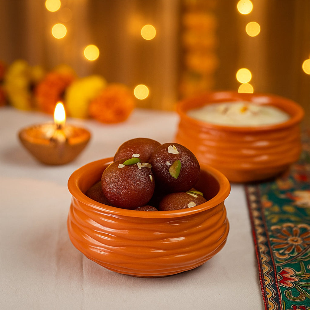 Closeup of glossy finish on terracotta-style serving bowl