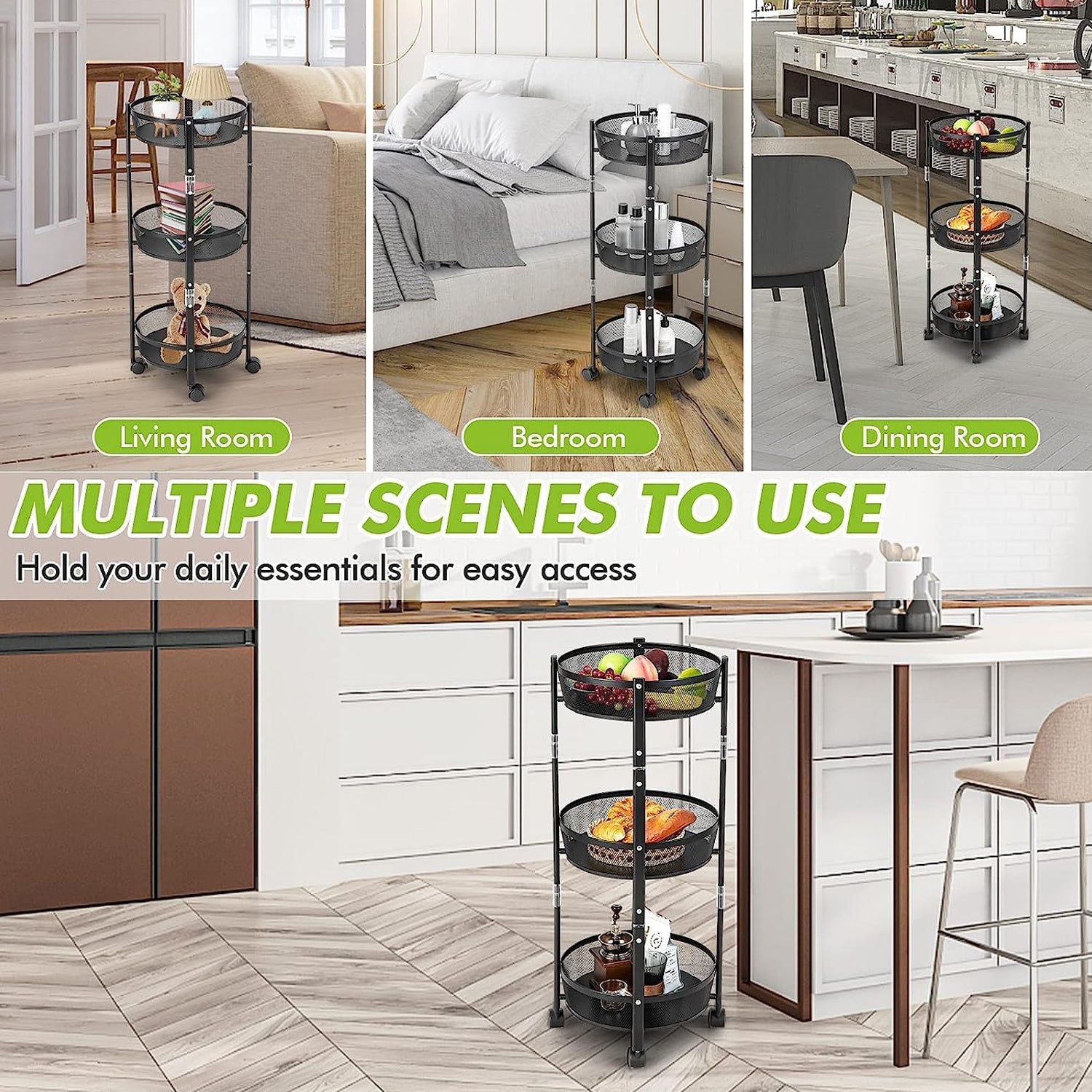 Rolling utility cart with 3 mesh storage tiers for home use