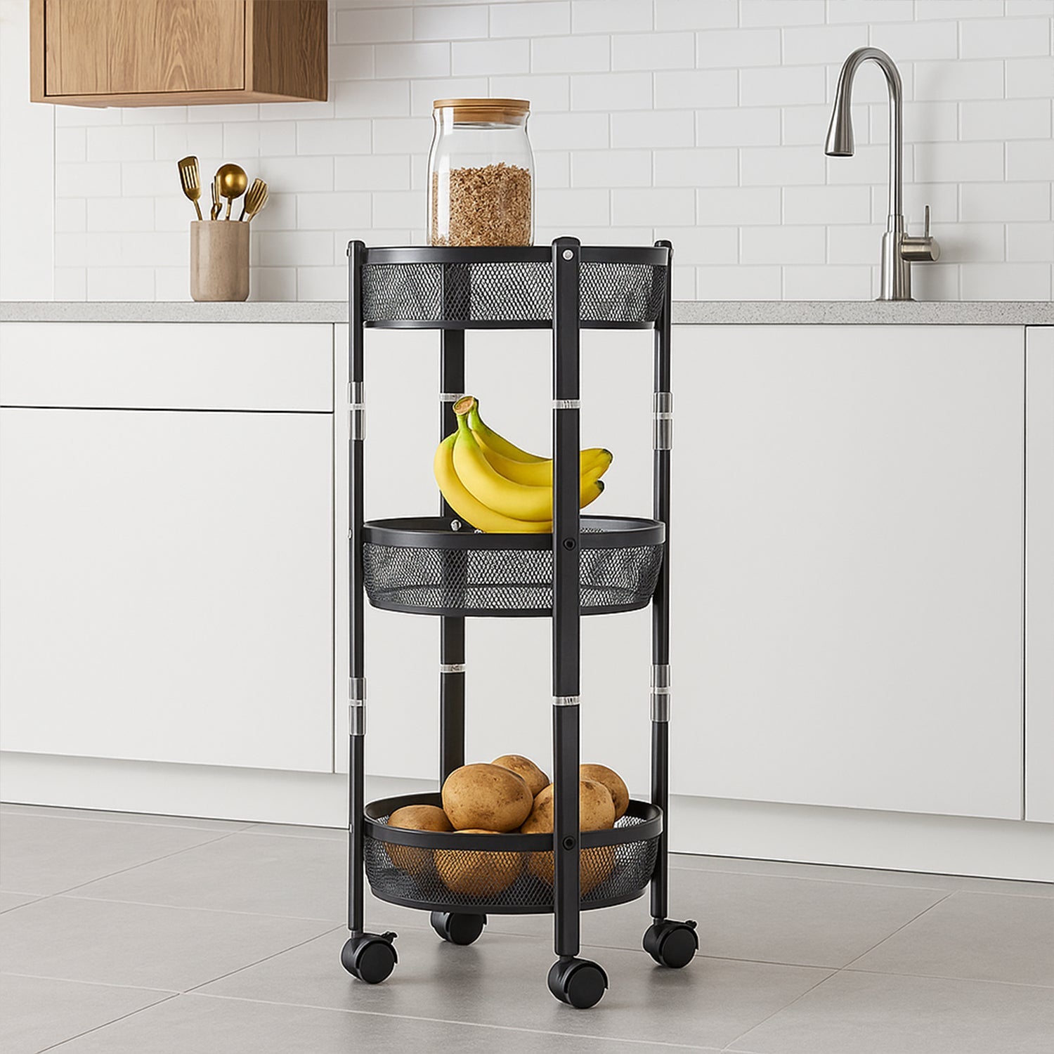 Mobile 3-layer metal mesh utility storage trolley with wheels