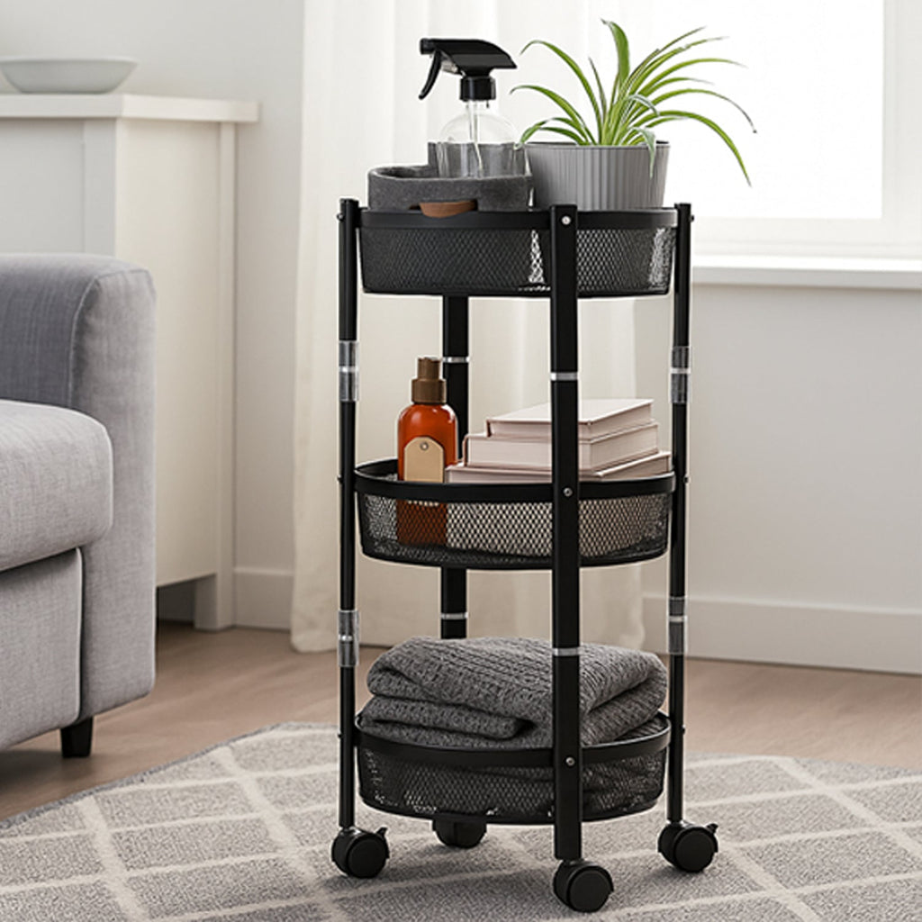 Space-saving vertical 3-layer metal mesh storage trolley