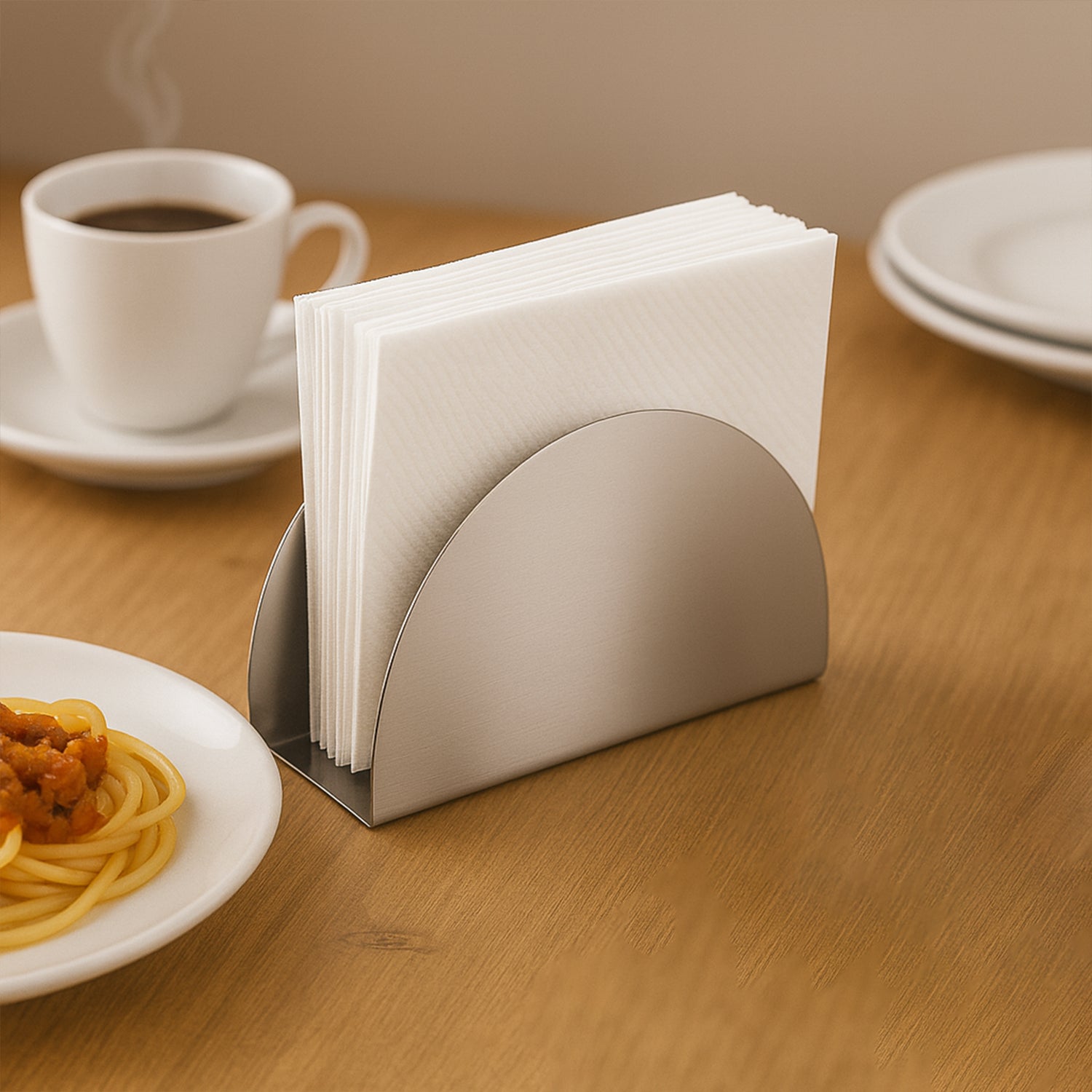 Front view of stainless steel half-moon napkin holder