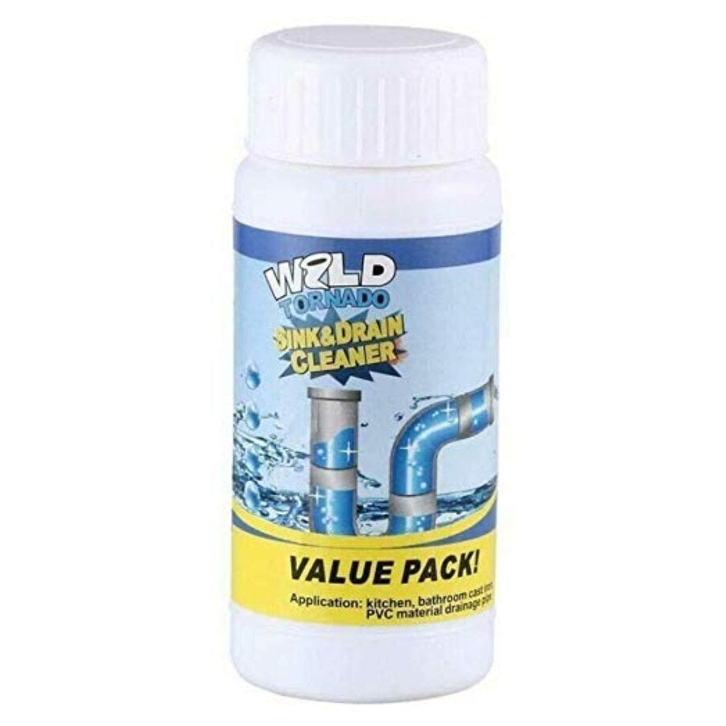 Effective clog remover powder shown tackling a blocked sink drain.
