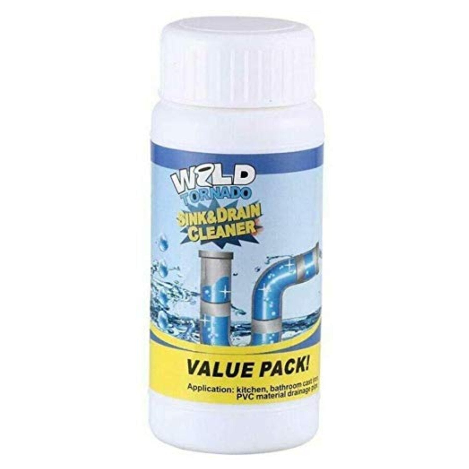 Effective clog remover powder shown tackling a blocked sink drain.