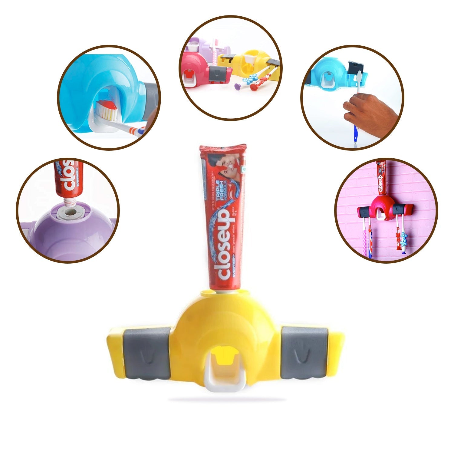 Hand pressing the lever of the automatic toothpaste dispenser for easy, mess-free paste delivery.