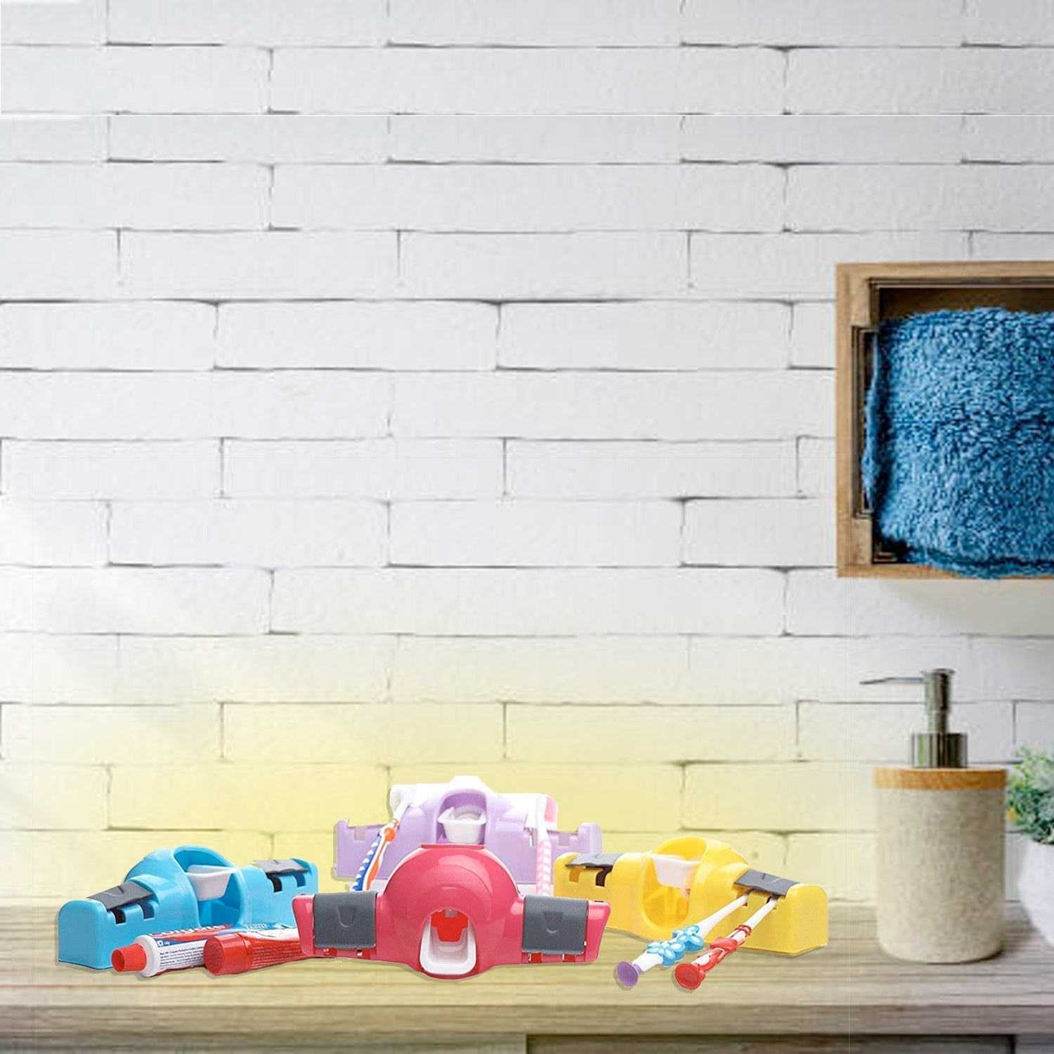 A precise amount of toothpaste being dispensed from the wall-mounted automatic dispenser.