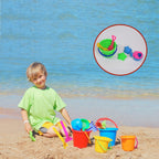 Full view of the 6-piece beach sand castle toy set laid out.
