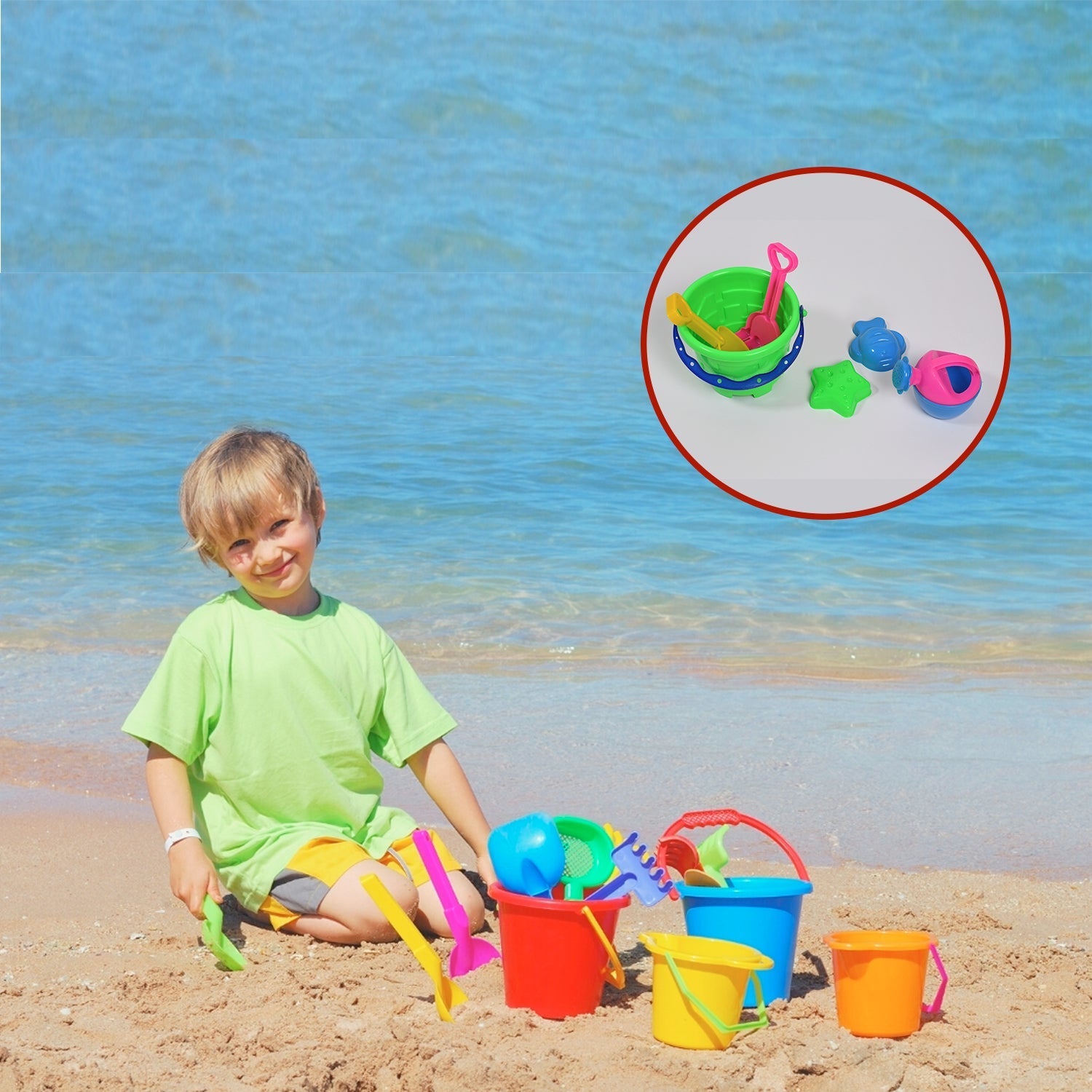 Full view of the 6-piece beach sand castle toy set laid out.