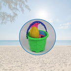 Various colorful tools from the beach sand castle toy set ready for play.