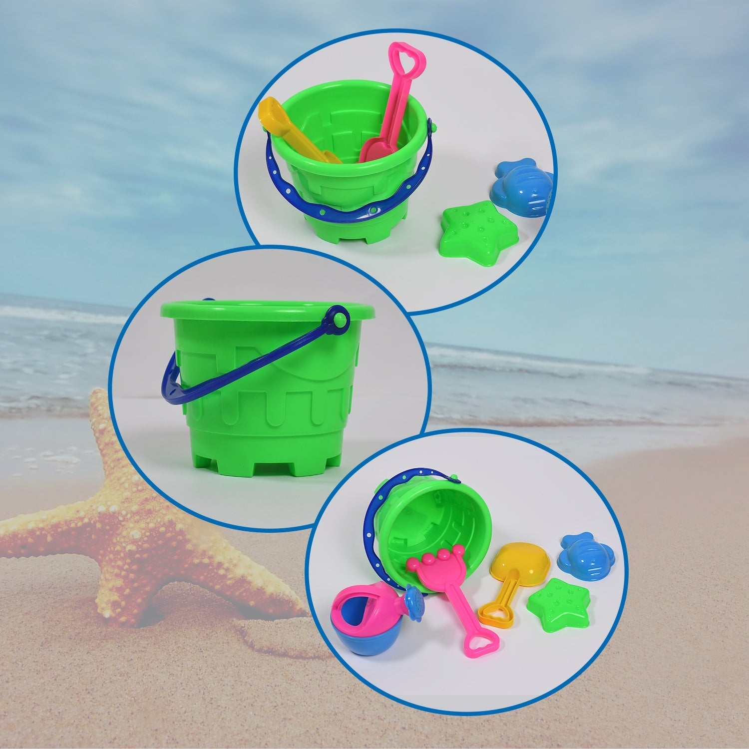 Children playing with the creative beach sand castle toy set on the sand.