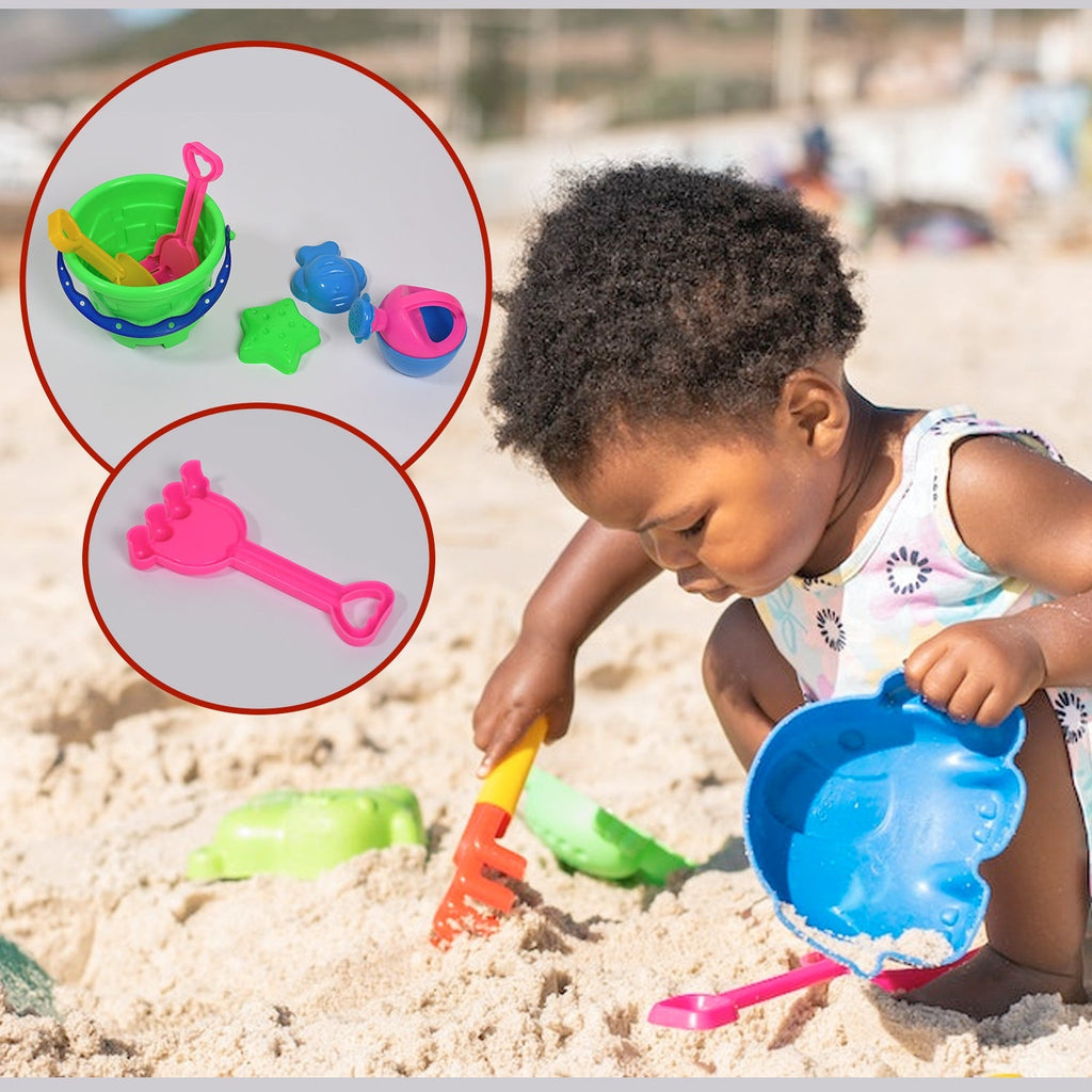 A child proudly showing a sandcastle built with the toy set.