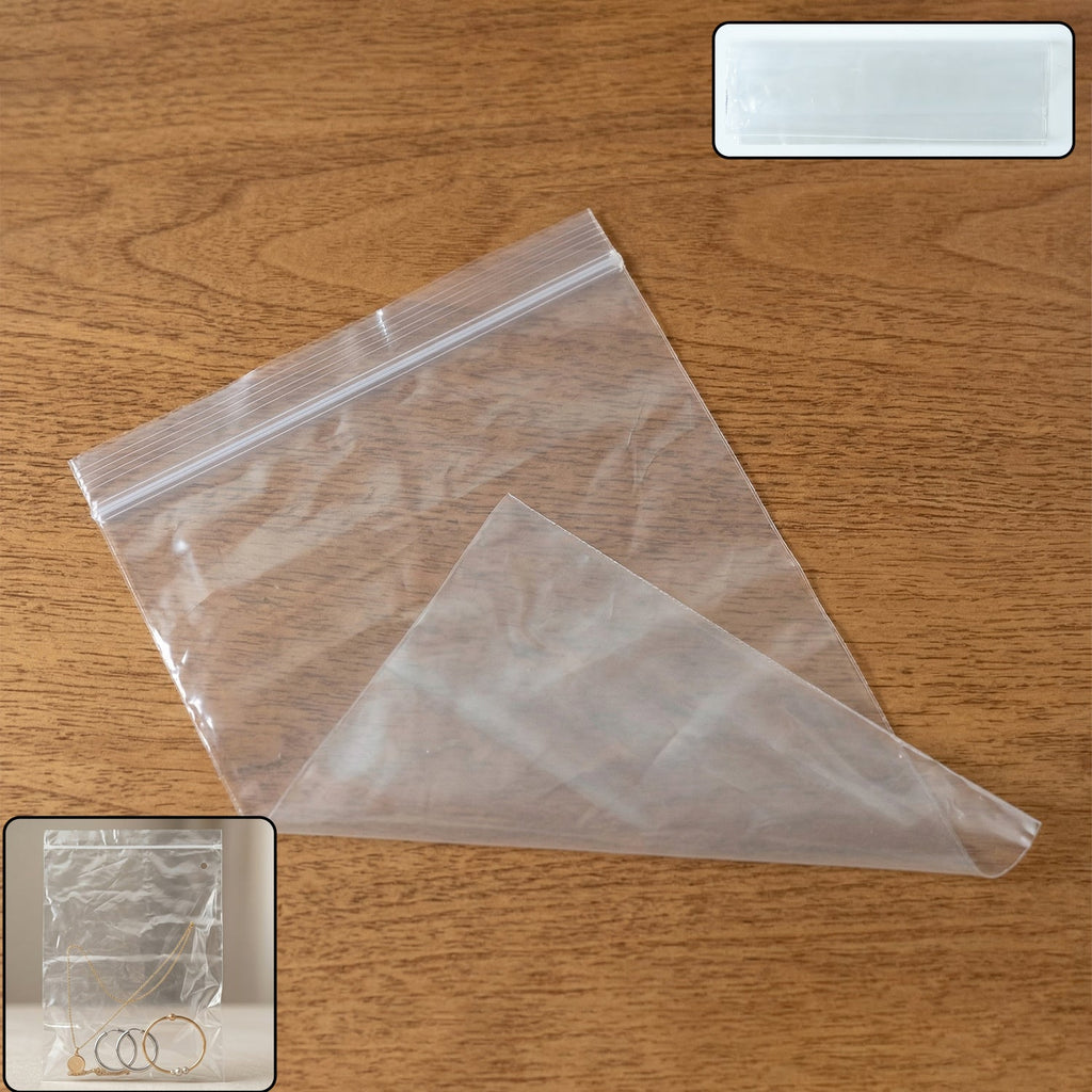 Transparent plastic zip lock bag measuring 33x23 cm for storage