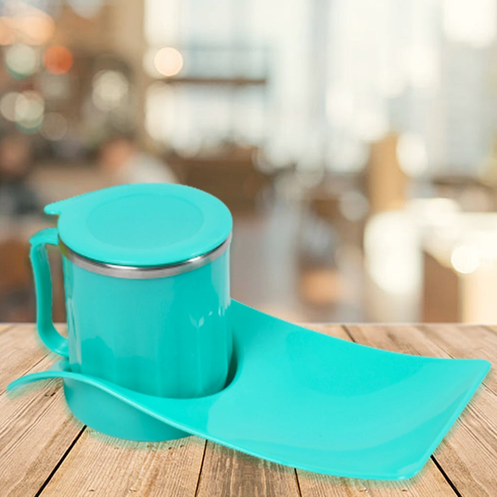 The complete snack tray with steel cup set from a different angle.