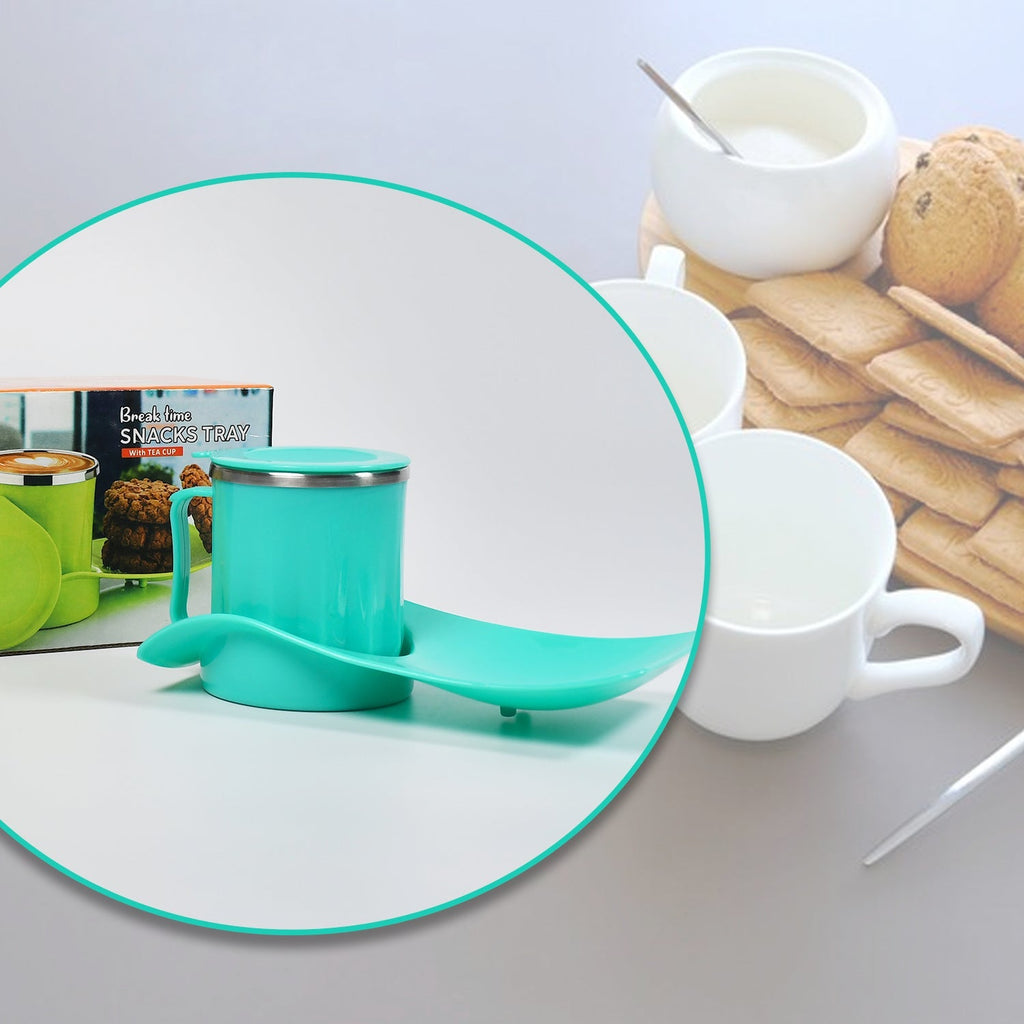 Happy kids enjoying their snacks and drinks using the convenient snack tray with steel cup.