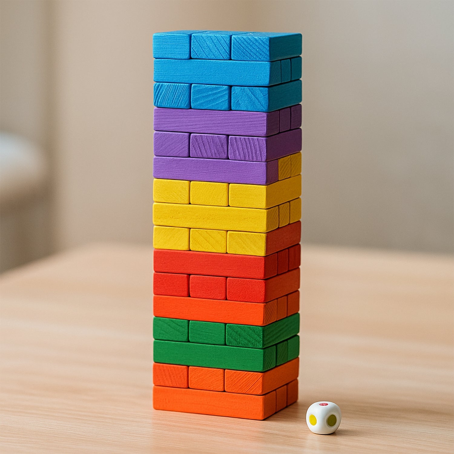 Action die included in wooden stacking tower game set