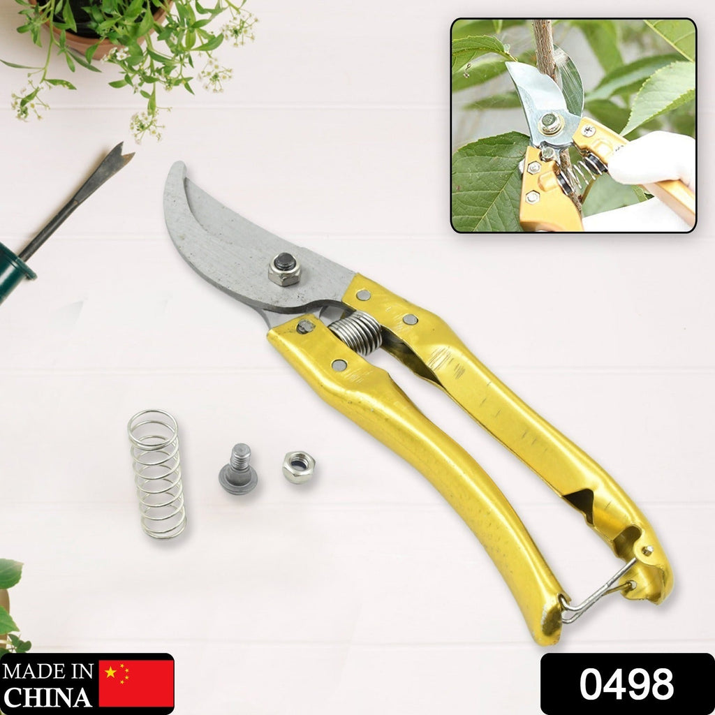 Close-up of the ultra-sharp high carbon steel blades and safety lock on the pruning scissors.