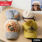 Winter cap with mix design and decorative embroidery