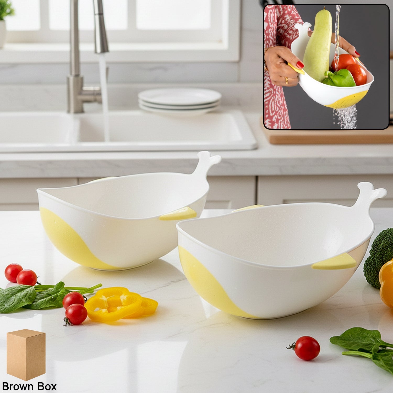Plastic rice washing bowl and strainer with integrated colander