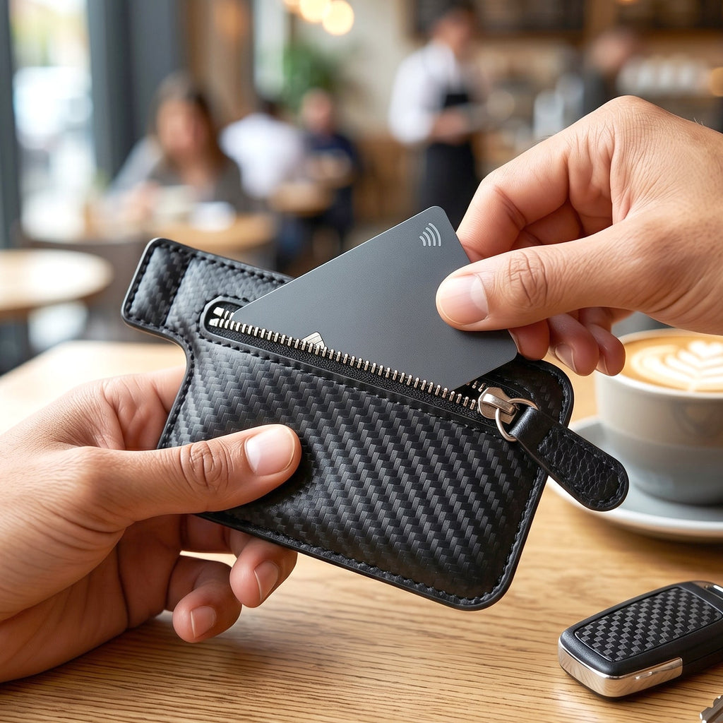 Close-up of the adhesive phone card holder securely attached to a smartphone.
