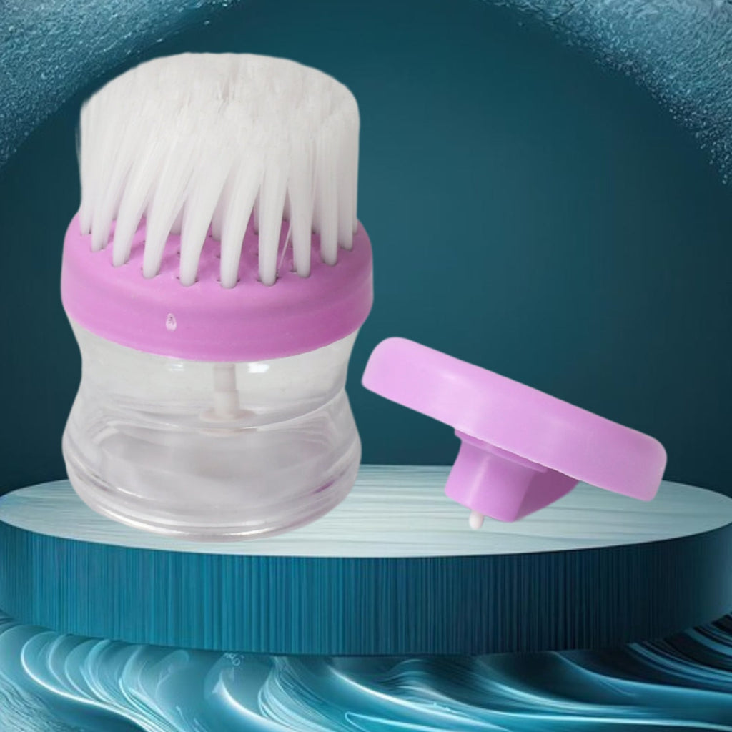Multicolour plastic wash basin brush cleaner with liquid soap dispensing feature.
