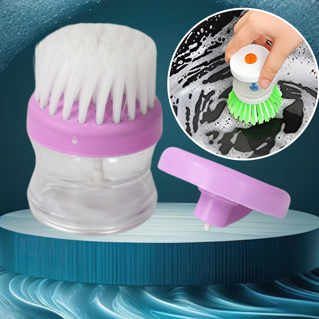 Plastic wash basin brush with integrated soap dispenser in a kitchen setting.