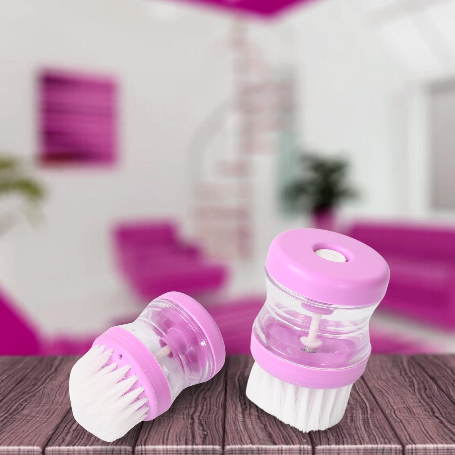 The liquid soap dispenser wash basin brush in a vibrant multicolour design.