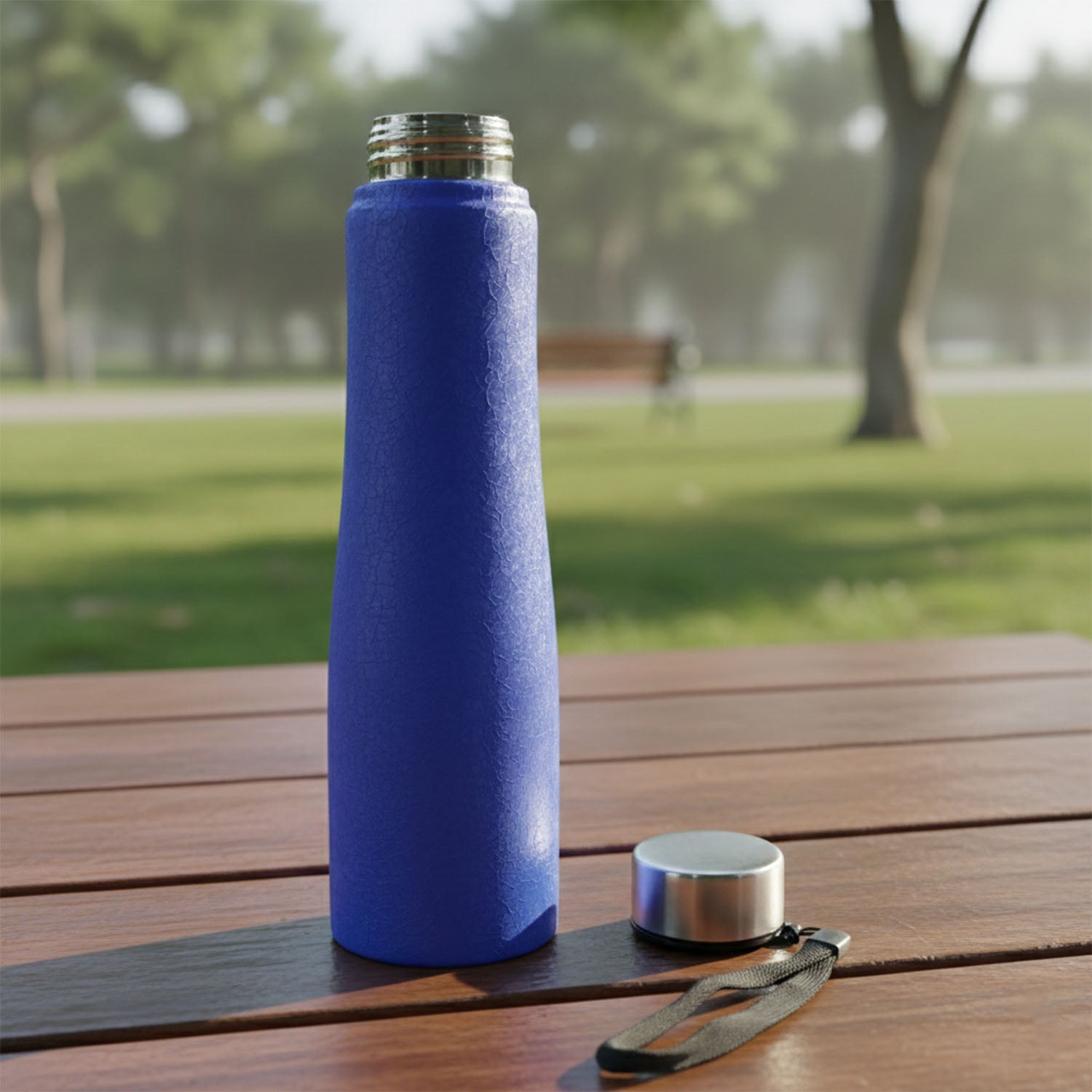 Drinking water bottle with leakproof screw cap in blue stainless steel
