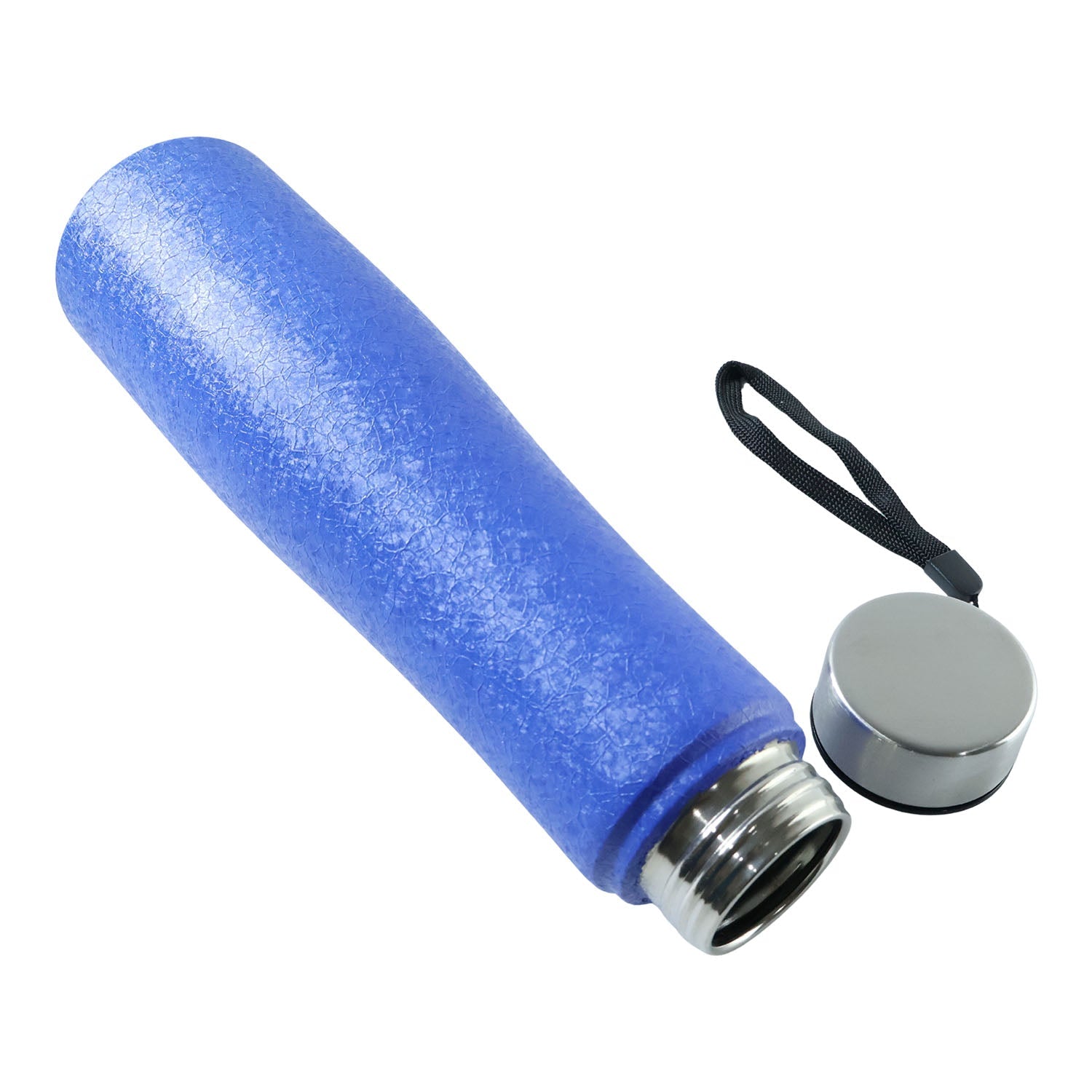 Side view of blue stainless steel water bottle with slim design