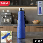 Close-up view of blue stainless steel water bottle with screw cap