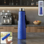 Blue stainless steel water bottle 1000 ML with carry strap