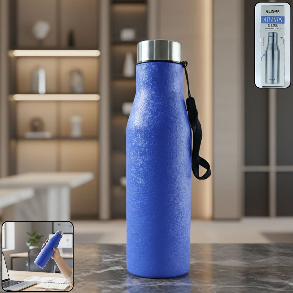 Blue stainless steel water bottle 1000ML with carry strap for travel