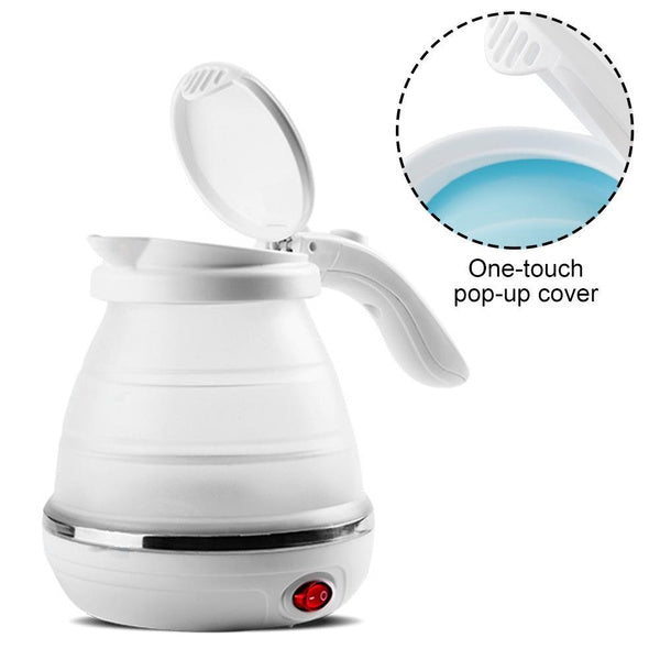Collapsible travel electric kettle in a vibrant blue and white color.