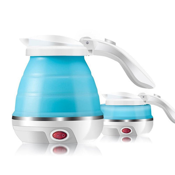 Electric foldable kettle ready for travel, shown with a mug of tea.