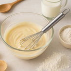 Angled view of stainless steel wire whisk with sturdy ergonomic handle