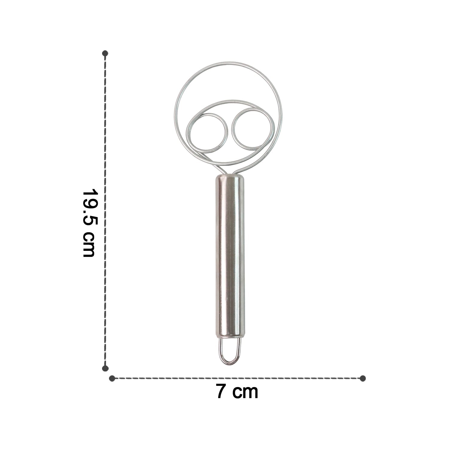 Stainless steel whisk set showing dimensions for length and breadth
