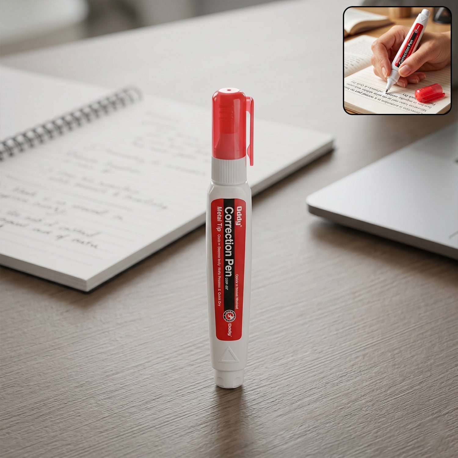 Oddy correction pen with fine metal tip and quick-dry correction fluid