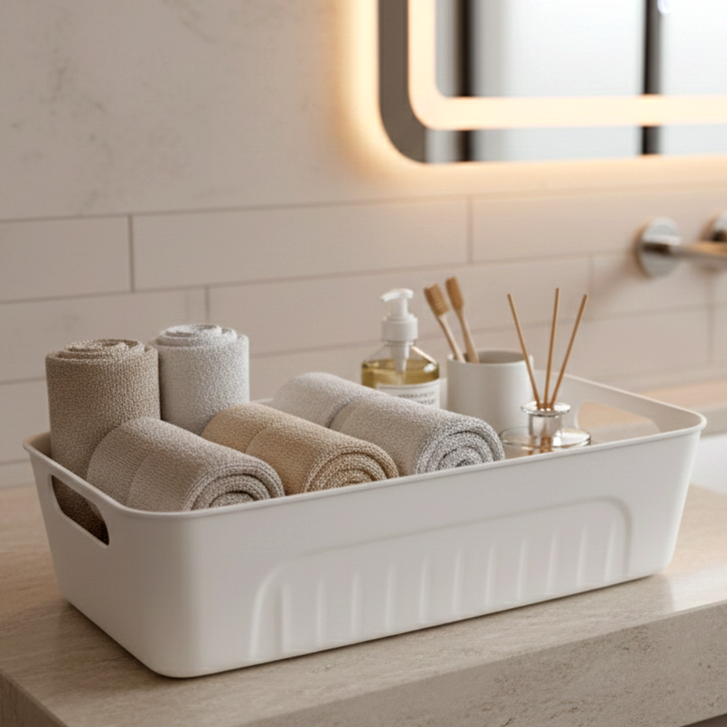 Side view of stackable white plastic storage baskets