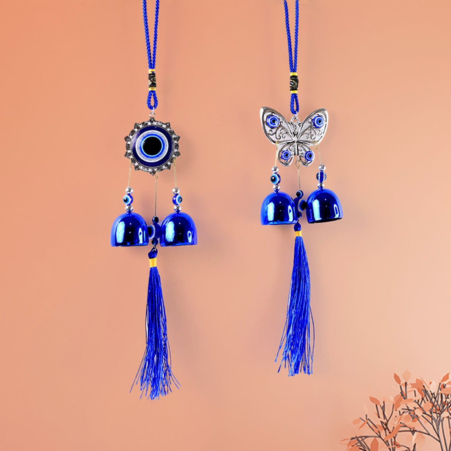 Traditional evil eye symbol featured on metal wind chime for home